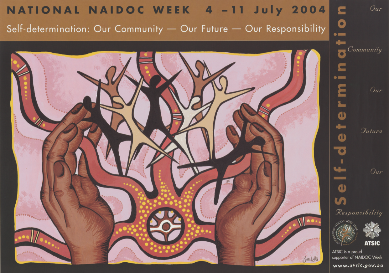 Features two hands encompassing figures and artwork connecting community.