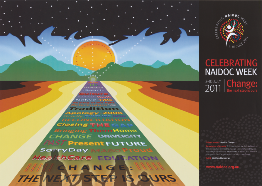 Family links hands as they step out on a road featuring encouraging and historical events in words.