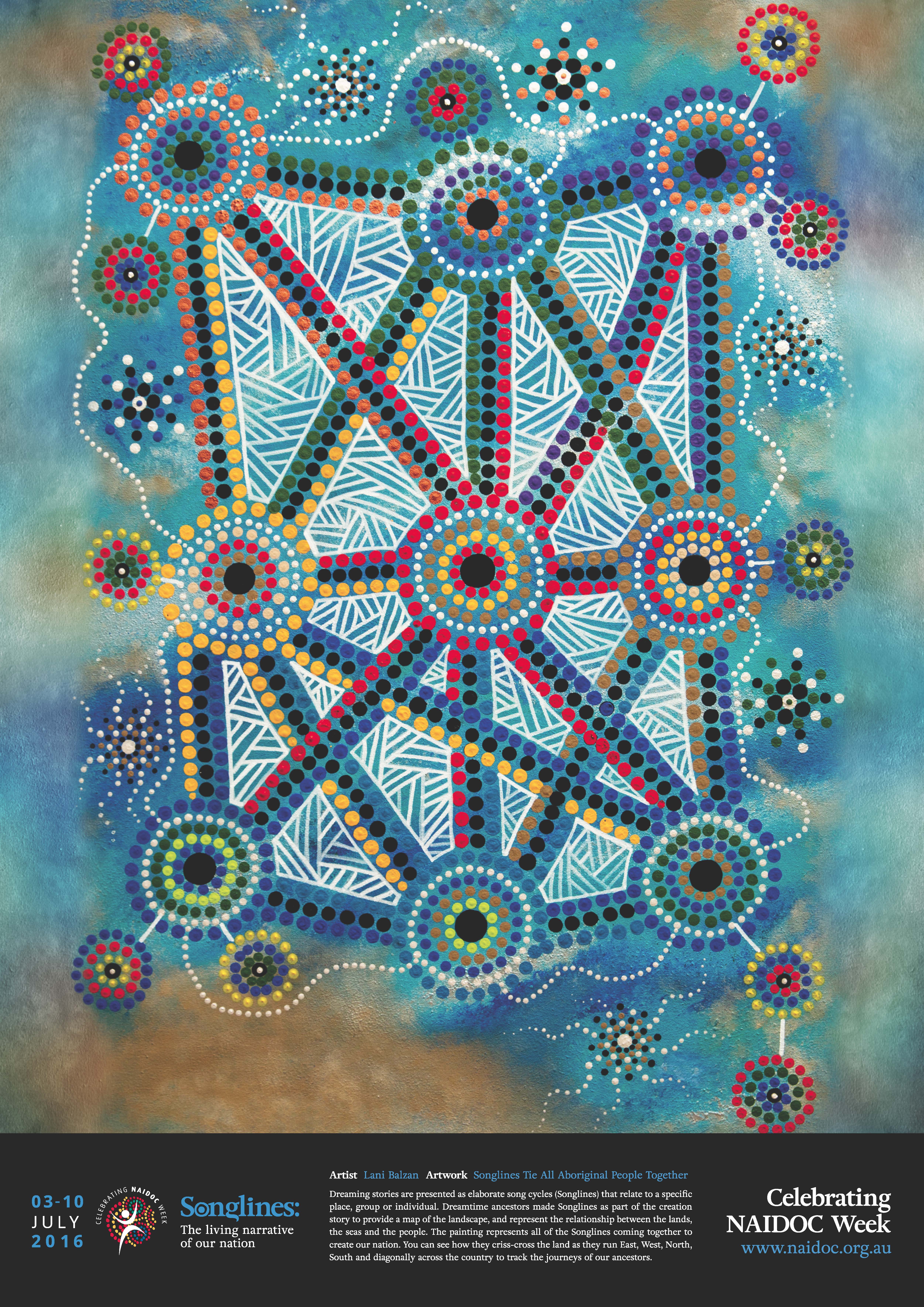 Dot artwork of Songlines criss-crossing, east to west, north to south, and diagonally. They create a cultural network.