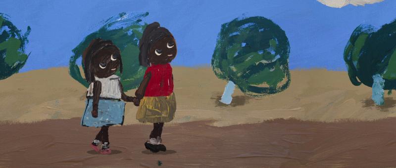 Art of two girls walking in country