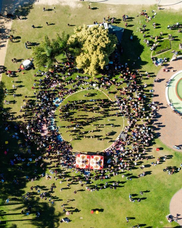 looking down on a crowd in a park