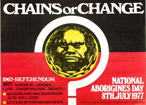 Text reads: "1967: Referendum. 1977: where is justice - land - compensation - dignity? Queensland discriminatory acts still exist. U.N year to end discrimination."