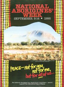 Text reads: 'Peace - not for you, not for me, but for all of us'. Captioned photograph on black background decorated by rows of red, yellow and white dots along vertical edges. Printed text above and below the photograph in red, white, and yellow print.